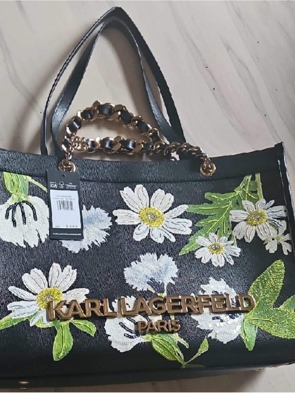 Karl Lagerfeld Black Floral Daisies Embroidered Tote